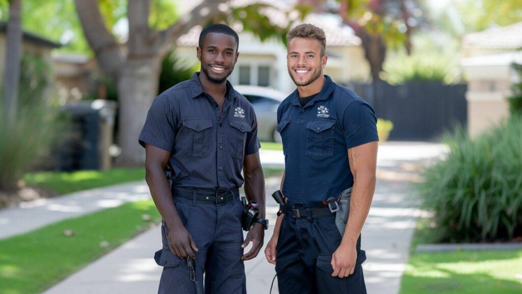 residential services. Two professional handyman technicians, one Caucasian male and one Black male, standing in a residential neighborhood on a sunny day, smiling confidently. They are wearing clean uniforms with tools attached, symbolizing expertise in home maintenance and repair services.